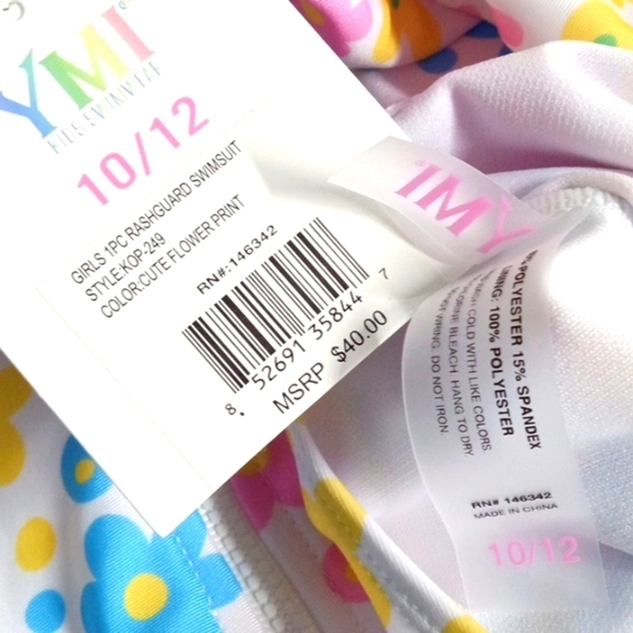 YMI GIRLS RASH GUARD LONG SLEEVE WHITE FLORAL ONE PIECE SWIMSUIT SIZE 10/12 NWT - Picture 4 of 4